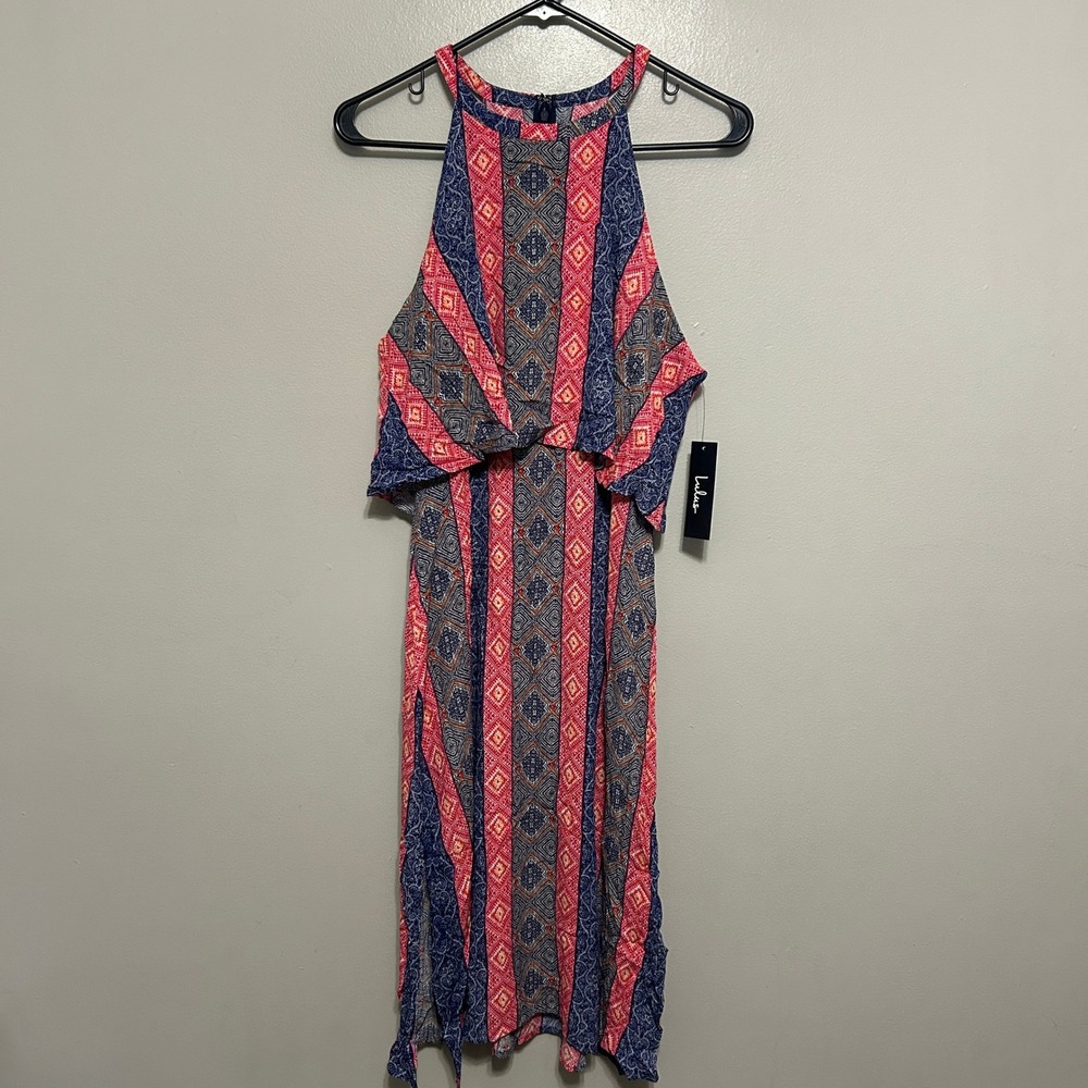 Lulus Halter Dress M Blue Coral NWT Boho Geometric Tiered Ruffle Contemporary